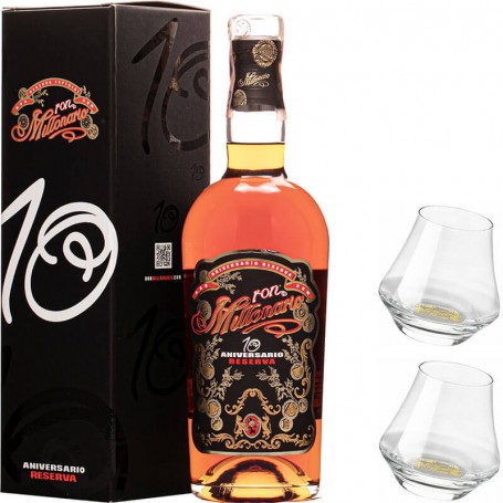 rhum millonario 10 aniversario reserva cl.70 with box and 2 glasses